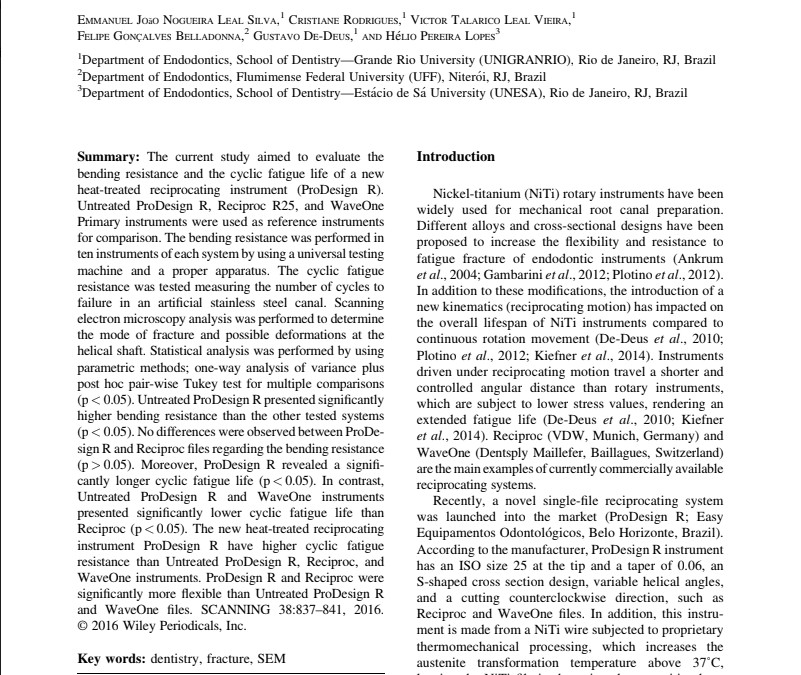 STUDY: Wiley Periodical Journal: Bending Resistance and Cyclic Fatigue of a New Heat-Treated Reciprocating Instrument