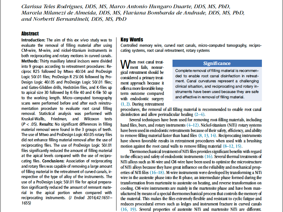 STUDY: Journal of Endodontics: Efficacy of Instruments for Removing Filling Material