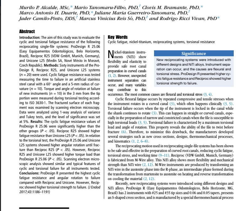 STUDY: Journal of Endodontics : Cyclic and Torsional Fatigue Resistance of Reciprocating Single Files