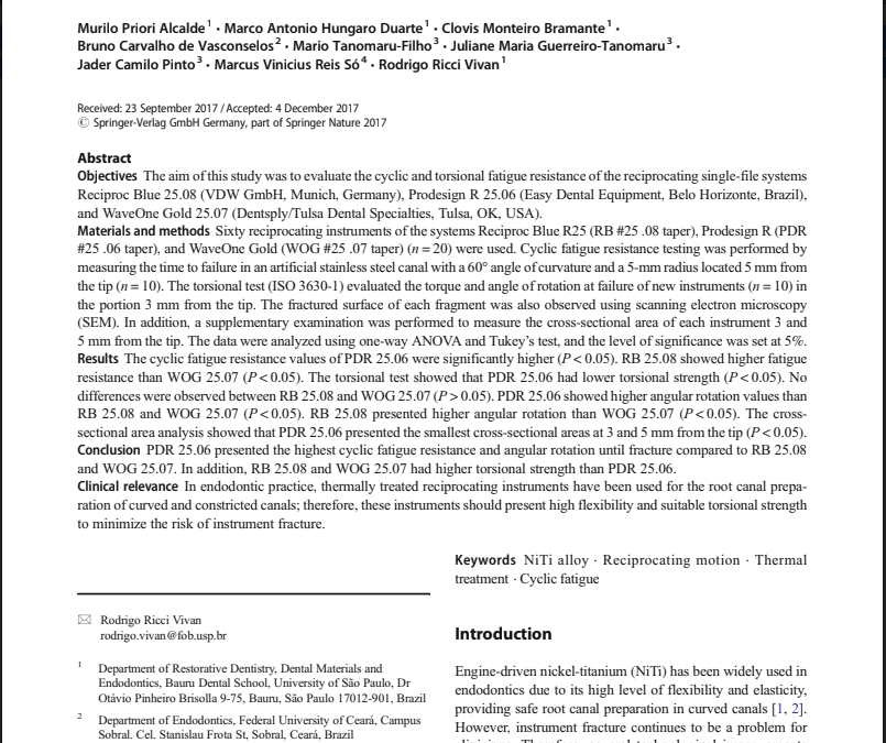 STUDY: Clinical Oral Investigations : Cyclic fatigue and torsional strength of reciprocating NiTi instruments