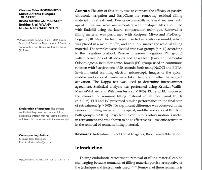 STUDY: Brazilian Oral Research : Comparison of the removal of residual filling material in retreatment